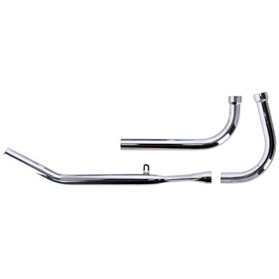 Chrome. 1 3/4" head pipes. If desired mufflers can be mounted. Rear pipe wraps close around the oil tank and becomes upswept. Kickstart. Heatshield rear 903398. Use 508090 and 512595 mount clamps.
Note: The S-pipe system is a 2-piece front header, like OEM, which is flattened to fit between engine and frame tube for improved ground clearance in right turns. May not fit custom rigid frames that are dimensional different.