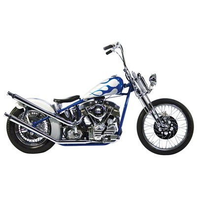 Chrome. 1 3/4" head pipes. If desired mufflers can be mounted. Rear pipe wraps close around the oil tank and becomes upswept. Kickstart. Rigid frame. Heatshield rear 903398.
Note: The S-pipe system is a 2-piece front header, like OEM, which is flattened to fit between engine and frame tube for improved ground clearance in right turns.