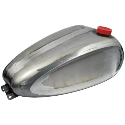 4.5 gallon. Comes with pre-83 bajonet style gas cap fitting and external threaded for 22mm petcocks. With custom 'dished' sides, Indian Larry style. 
Approx. dimensions: 19.5" tank length x 11.5" tank width x 8" tank depth x 19.5" tunnel length x 4.25" tunnel depth x 2.5" tunnel width x 19.75" mount hole to mount hole distance. 

Note: It is advised to pressure test, seal and test fit all tanks before tanks are painted and installed. Some tanks are painted, but this coat is applied for rust prevention during storage only.