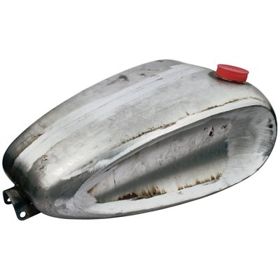 5.0 gallon. Comes with pre-83 bajonet style gas cap fitting and external threaded for 22mm petcocks. With custom 'dished' sides, Indian Larry style. 
Approx. dimensions: 19" tank length x 13.5" tank width x 9" tank depth x 19" tunnel length x 4.25" tunnel depth x 2.5" tunnel width x 19-5/8" mount hole to mount hole distance. 

Note: It is advised to pressure test, seal and test fit all tanks before tanks are painted and installed. Some tanks are painted, but this coat is applied for rust prevention during storage only.