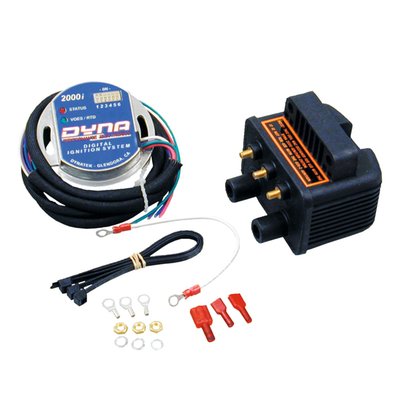 2000i ignition module, complete with one Dynatek 3 ohm Twin-Fire II single fire coil. The module is simply adjustable with switches, nothing else required. features include an intelligent overvoltage/overcurrent protection, a short circuit protection and an adjustable retard timing. But if you want more... it is fully programmable with the, optional available, programming kit (902528) and harness (902524). Another new feature is data recording. The module records a series of data and stores it. The recorded data can be downloded with a PC to show engine builders how the engine was used (or abused), should there be a problem in the future. 
Offers PC programmable: 
* Eight point definable wide open throttle curve. 
* Eight point fully definable partial throttle curve. 
* Rev. limiter in 50 RPM steps. 
* Programmable dead cranking revs 0-10. 
* Programmable rear cylinder offset of +/- 10 degrees. 
Offers data recording: 
* Total engines hours run time. 
* Time at wide open throttle. 
* Longest time operating at wide open throttle. 
* Number of engine starts (2 minutes running counts as one). 
* Maximum RPM. 
* Seconds near rev limit. 
* Statistical analysis of time at RPM. 

Note: It is recommended to use ignition modules & coils of the same manufacturer. Intermixing different brands may cause premature failure. Coil must be within range of 2.5 to 3.5 ohms. Carbon, graphite or spiral core type suppression spark plug wires are required. Do not use copper core wires. 
Note: Dyna does not offer the ignition rotor. The OEM Harley rotor (OEM 32402-83) and mounting bolt (OEM 2611B) should be re-used or ordered separately as 920402 rotor & bolt kit. 
Note: Optional programming kit is available as 902528 (Incl. software, USB connections and operating instructions). The programming harness 902524 (Programming harness, Pigtail. Installs on bike, it is the link between ignition and the USB) is required to program the 2000i ignition module. 
Note: Not compatible with kickstart models.