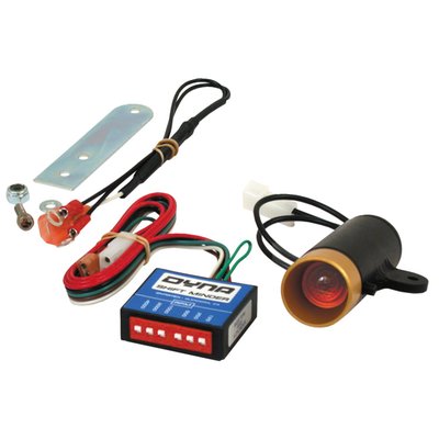 RPM limiter, rev limiter. 
Four cylinder engines. 
6000-13875 RPM. 
Consists of two components, the module and the shift light. 
The module is adjustable to 64 different RPM settings, with 125 RPM increments between settings. 
Note: See 902593 for a replacement shift light only. 
Note: See 914572 for the Dynatek 'auto-shift control module' for automatic up-shifts at a pre-set RPM with Pingel electric shifters. 