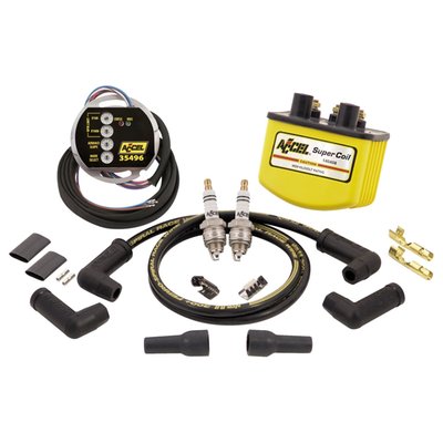 Complete kit. Includes the 902626 Accel ignition module, the 902624 Accel single fire super coil, a set of Accel platinum U-groove spark plugs and the Accel 920275 300+ 8.8mm Ferro Spiral Core universal high performance ignition wire set. Features 14 advance curves from stock to extreme and an adjustable rev. limiter. VOES imput option and tachometer output. Front cylinder static timing with a L.E.D. light for easy set-up. 

Note: The difference between single dual fire explained: 
- Dual fire - 
This is the way the earlier, pre-Twin Cam, engines work. A single coil is used and both spark plugs fire simultaneously. This is the simplest system. The 'wasted' spark is sometimes said to be horsepower robbing. 
- Single Fire - 
This is the way the stock 00-up Twin Cam engines work. Two separate coils will fire the spark plugs independently and only the spark plug of the cylinder that is on compression stroke will be fired. It is said that these engines vibrate less and can improve power. The effects will become more pronounced with hotter cams and higher RPM.

Note: Special Order Product only. To order please contact your MCS sales representative.