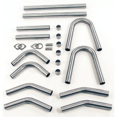 Mild steel tubing. 1-3/4" diameter. Comprehensive kit as a base for your own special 'one-off' exhaust system to allow you to fabricate your own exhaust system. Composed to fit H-D Shovel and the special 3-bolt exhaust flange system as used on Shovels equipped with S.T.D. Development heads. Complete as shown.