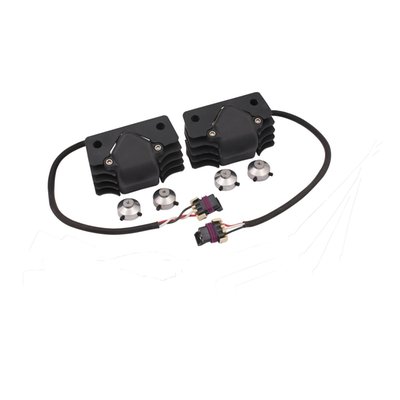 COP (Coil On Plug) coils are mounted directly on the spark plugs and plugs into stock wiring. A clean stealthy appearance and the full boost of spark power since there are no spark plug wires to take energy away. Dependable and proven automotive technology. The cast aluminum cover holds the coil in place and doubles as a heat-sink for extra cylinder head cooling. Wiring is hidden in the cooling fins. Primary resistance 0.45 Ohm, like stock. Custom replacement single fire coils.