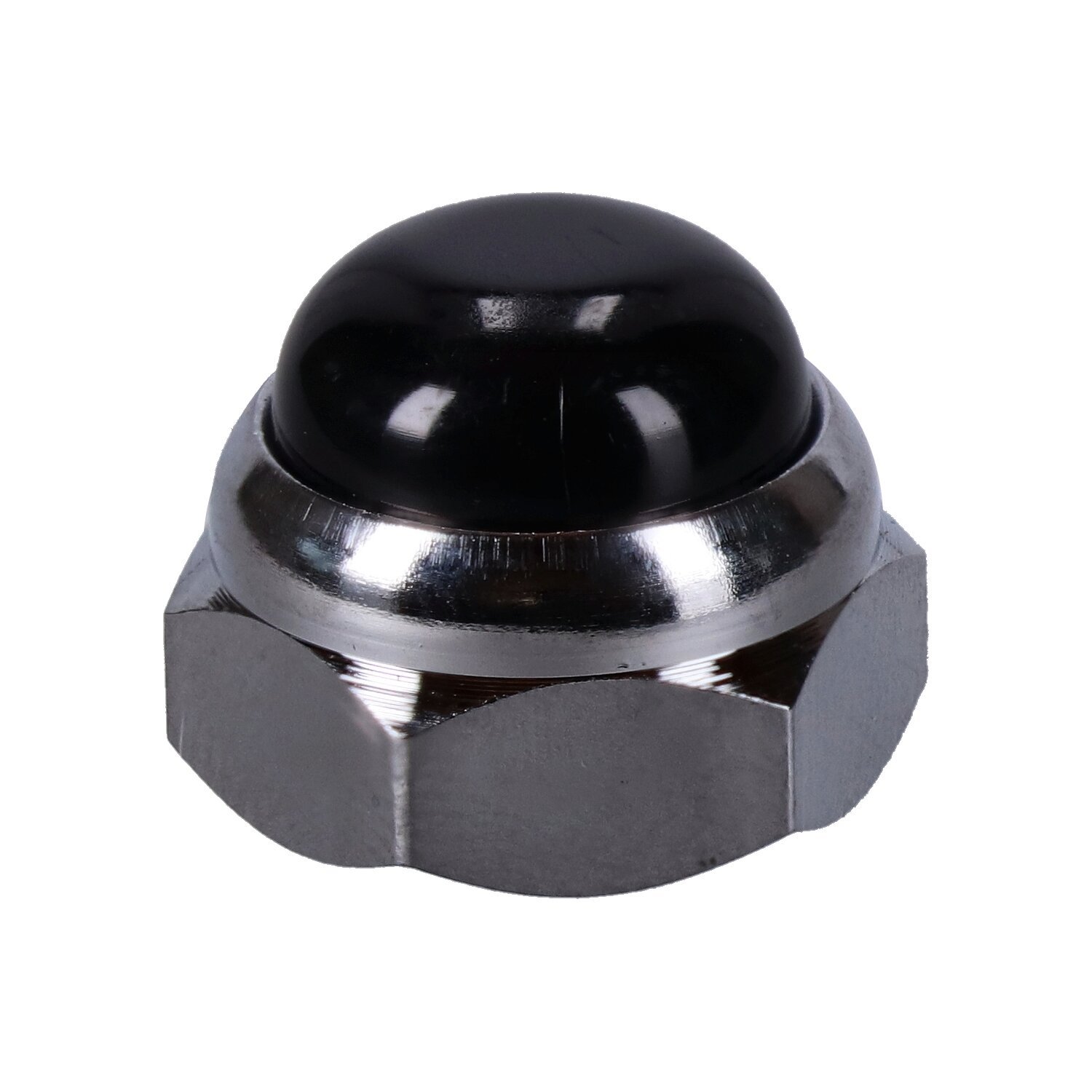 Rocker shaft end nut set, black plastic inserts, Chrome