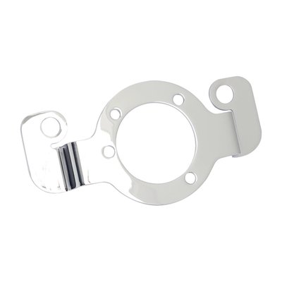 Chrome plated steel. Used to mount aftermarket air cleaner assemblies in combination with air cleaners that have a flat backing plate.