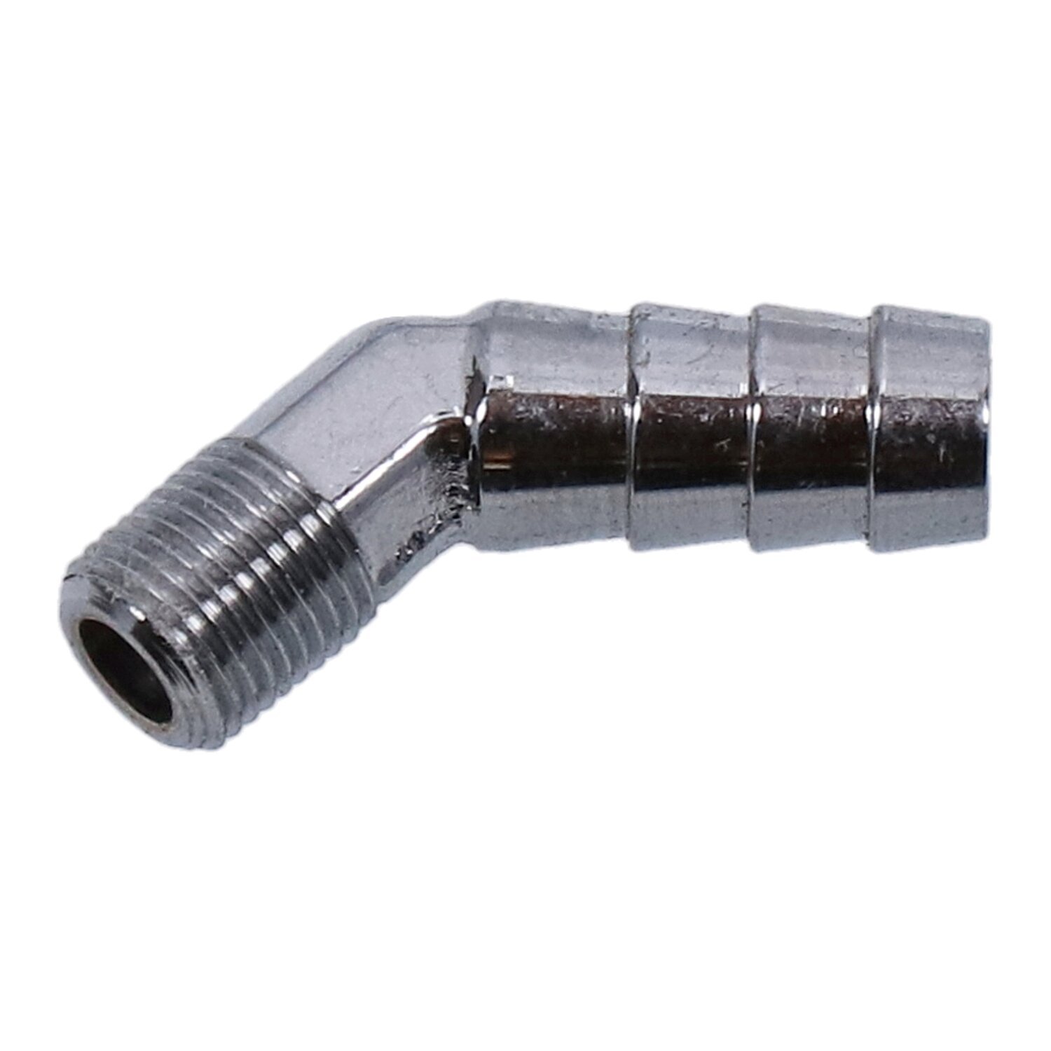 Oil line fitting, 45 degree. 1/8"-27 NPT to 3/8, Silver, Chrome