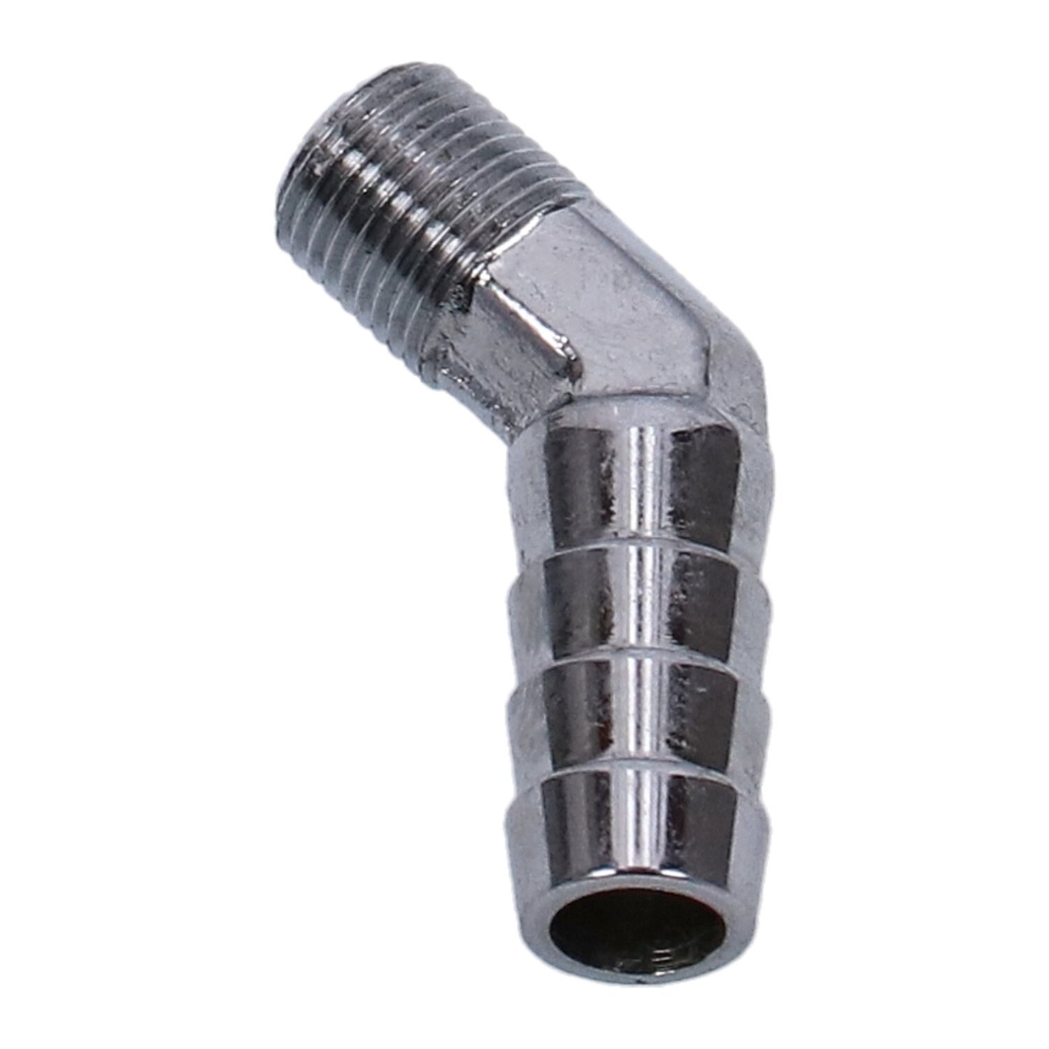Oil line fitting, 45 degree. 1/8"-27 NPT to 3/8, Silver, Chrome