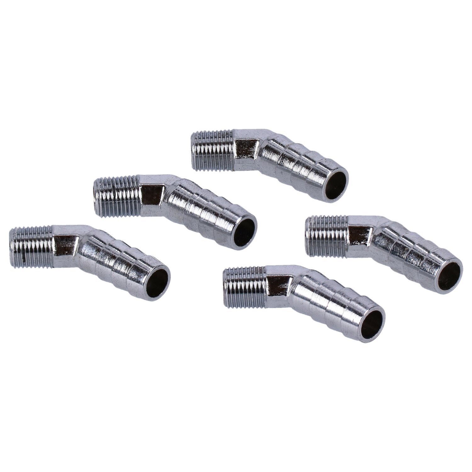Oil line fitting, 45 degree. 1/8"-27 NPT to 3/8, Silver, Chrome