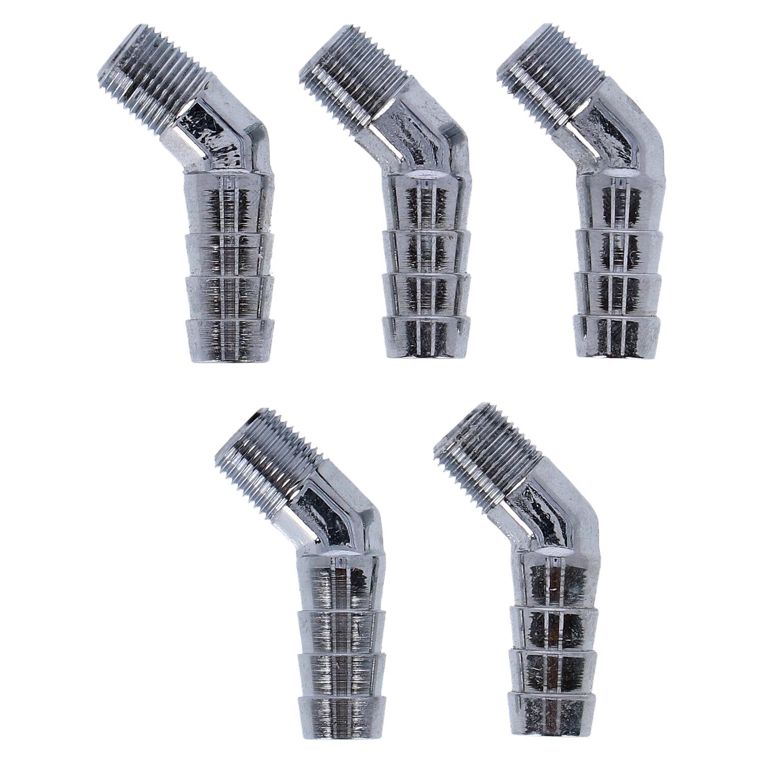 Oil line fitting, 45 degree. 1/8"-27 NPT to 3/8, Silver, Chrome