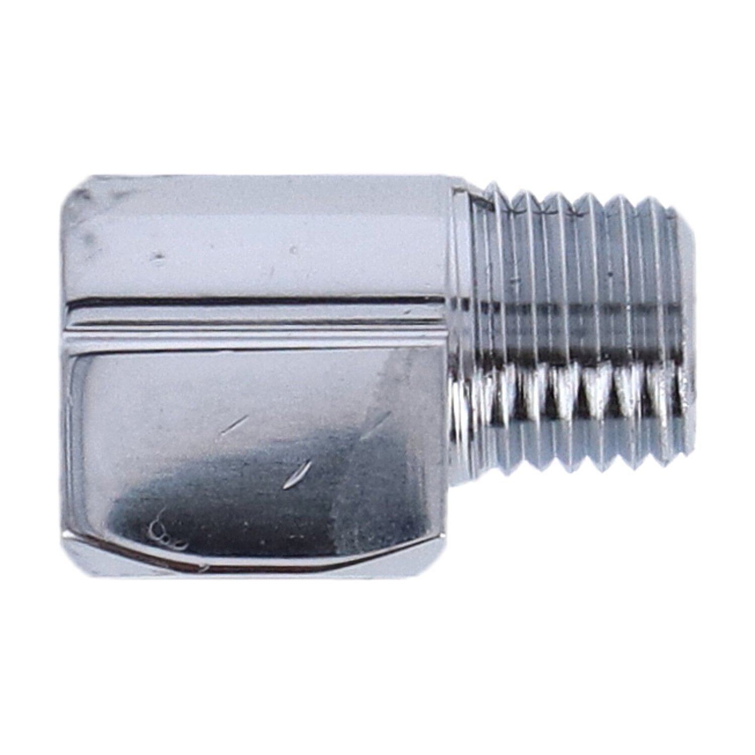 Adapter oil line fitting, 90 degrees. 1/4" NPT, Chrome