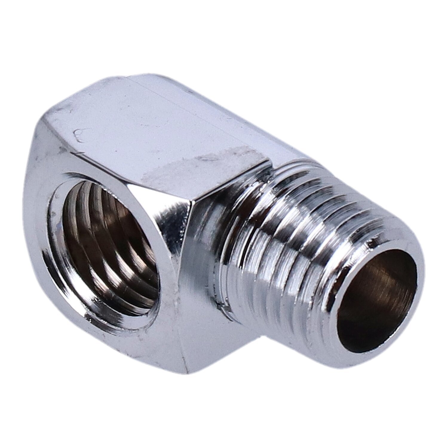 Adapter oil line fitting, 90 degrees. 1/4" NPT, Chrome