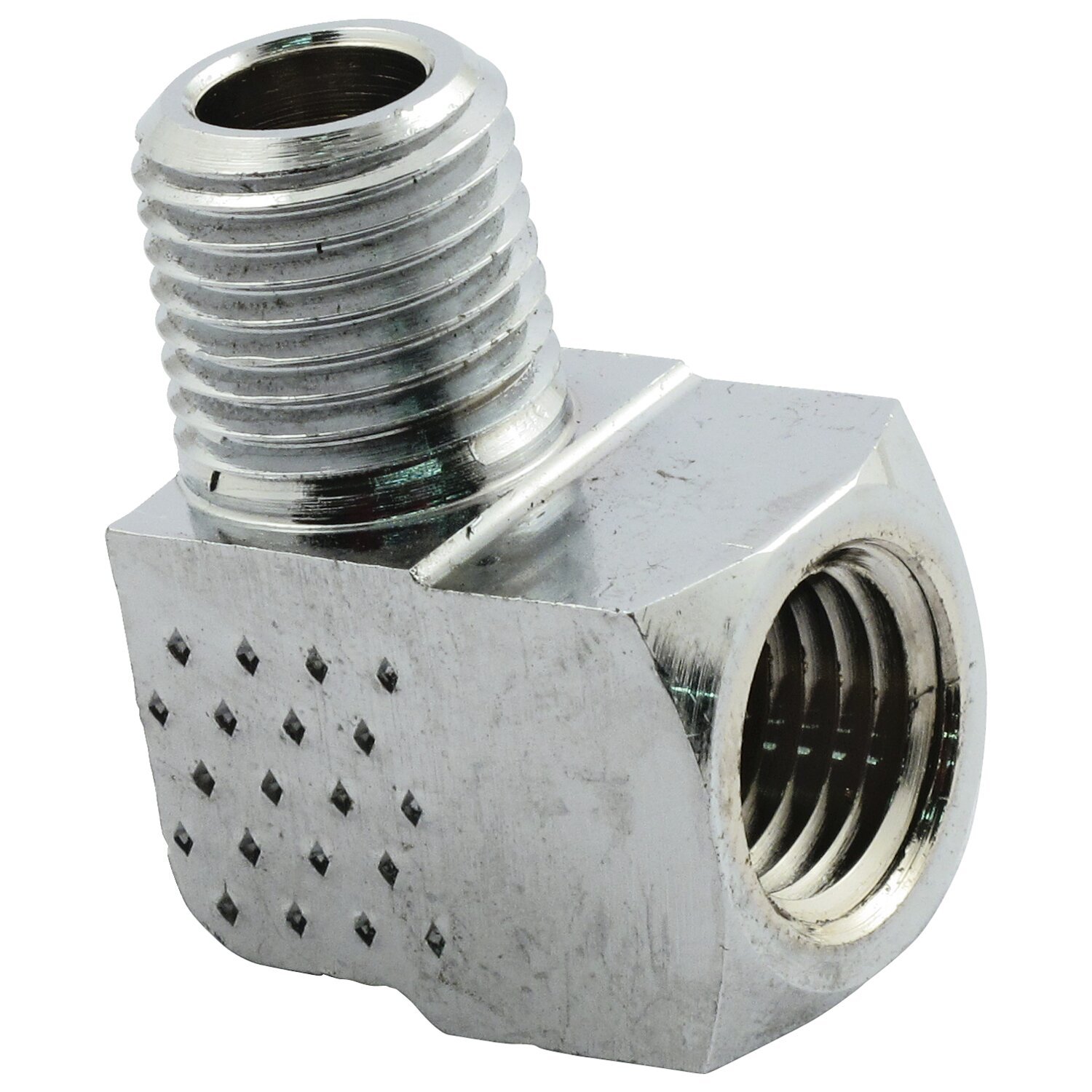 Adapter oil line fitting, 90 degrees. 1/4" NPT, Silver, Chrome