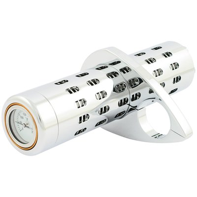 Chrome. With 1 clamp. Billet aluminum oil cooler with a built-in gauge. Includes a #6 AN fitting. Clamps to frame tubes of 1", 1-1/8", 1-1/4" and 1 1/2" diameter. Filler sleeves included to compensate for the mentioned frame tube diameters. Will work in many stock or custom applications. Approx. dimensions: 22cm long x 5.6cm diameter.