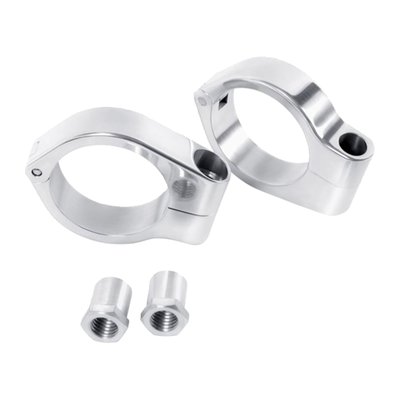 Polished finish. Clamps around the fork tubes to allow installation of M10x1.25 or M10x1.50 threaded turn signals. The hinged design folds open for easy installation and fork disassembly is not required. Clamps are CNC machined from billet 6061-T6 aluminum with a special machined billet nut that slides over the threads. Comes with two M10x1.25 nuts and two M10x1.50 nuts for installing the stem of the turn signal.