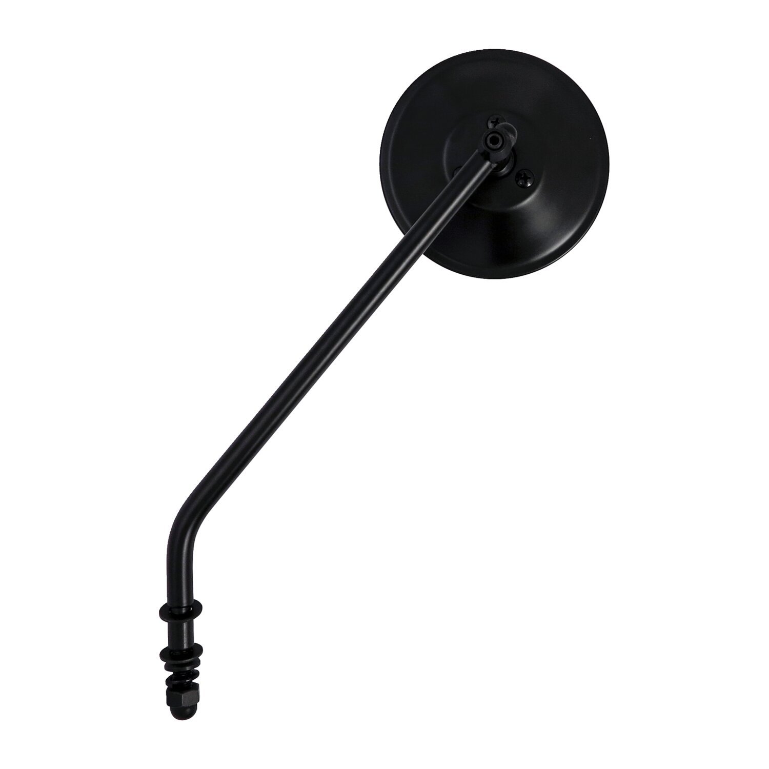 Steel 4" round mirror. Black, long stem