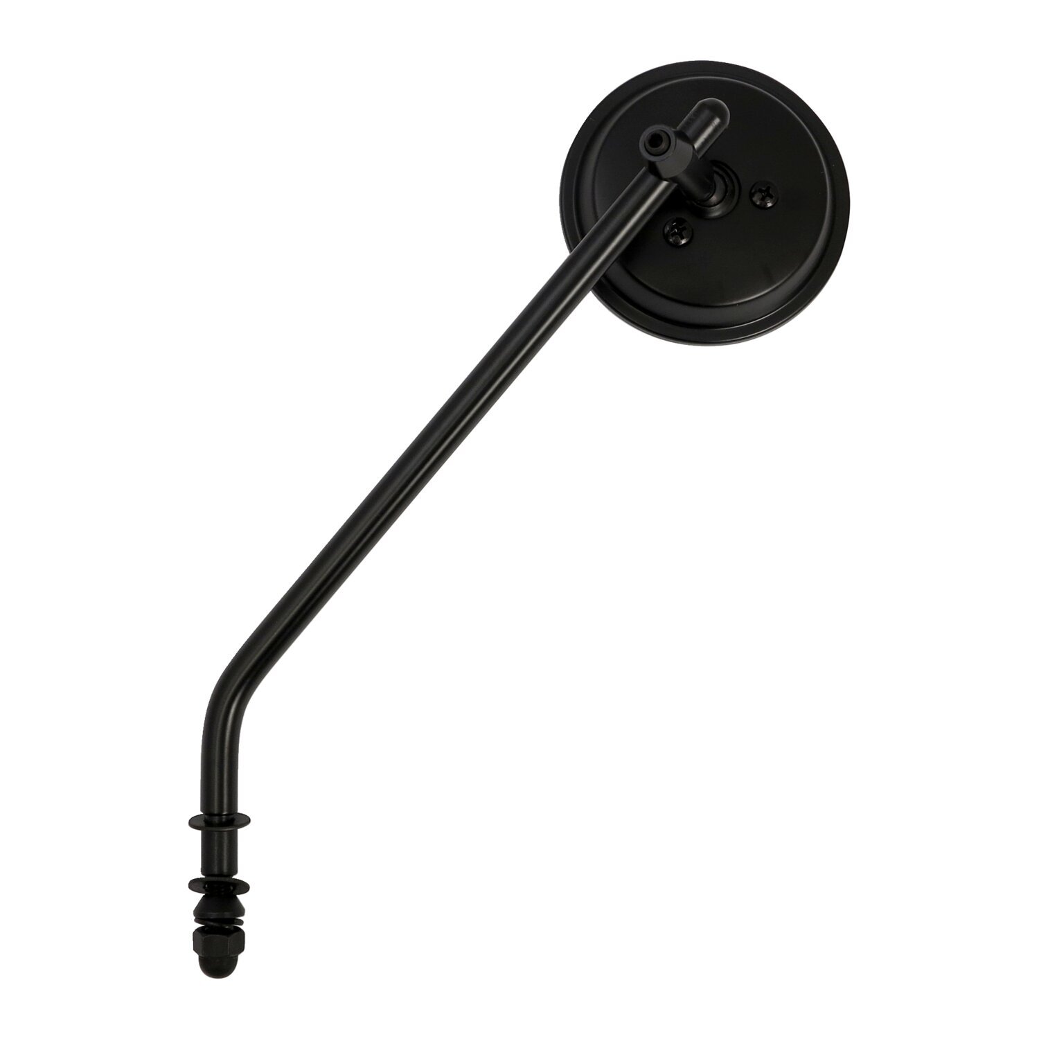 Steel 3" round mirror. Black, long stem
