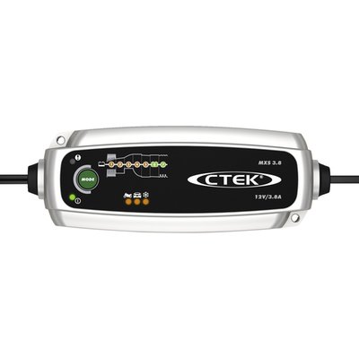 EU wall plug. 0.8A / 3.8A 12V charger. For 1.2Ah-85Ah lead-acid (AGM, GEL, EFB, MF, CaCa) batteries. With a mode button to switch between charging bike (0.8A) and car (3.8A) batteries. Offers a fully automated 7 step charge and maintenance sequence. Features include battery diagnosis to establish whether your battery can receive and retain a charge, a patented desulphation program and a 'Snowflake' program for charging on cold days. With CTEK's patented float/pulse system, which is the most efficient maintenance mode when a battery is connected for long periods. Simple to use and you can follow the whole charging process on the clear, easy to read display. 
- 12 volts. 
- 0.8A (bike) and 3.8A (car) modes. 
- Lead-acid batteries. 
 -AGM mode. 
- 7 steps. 
- Clamps. 
- Eyelet connector. 
- Safe spark free operation. 
- Reverse polarity protected. 
- Splash and dust proof (IP65). 
