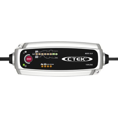UK wall plug. 5.0A 12V charger. For 1.2Ah to 110Ah lead-acid (AGM, GEL, EFB, MF, CaCa) batteries.  The MXS 5.0 is an advanced microprocessor controlled battery charger which gives unrivalled performance for lead acid batteries from 1.2-110Ah. It comes with automatic temperature compensation built in which ensures the best charging performance, even in the most extreme conditions. The MXS 5.0 also includes battery diagnosis to establish whether your battery can receive and retain a charge, patented automatic desulphation program, an AGM option which maximises the performance life of most Stop/Start batteries and a special Recond mode for reconditioning deeply discharged batteries. The MXS 5.0 uses CTEK’s patented float/pulse system, which is the most efficient maintenance mode when a battery is connected for long periods. 
- 12V. 
- 5.0A. 
- Lead-acid batteries. 
- Reconditioning mode. 
- Easy to read LED display. 
- Safe spark free operation. 
- Reverse polarity protected. 
- Short circuit proof. 
- Splash and dust proof (IP65).