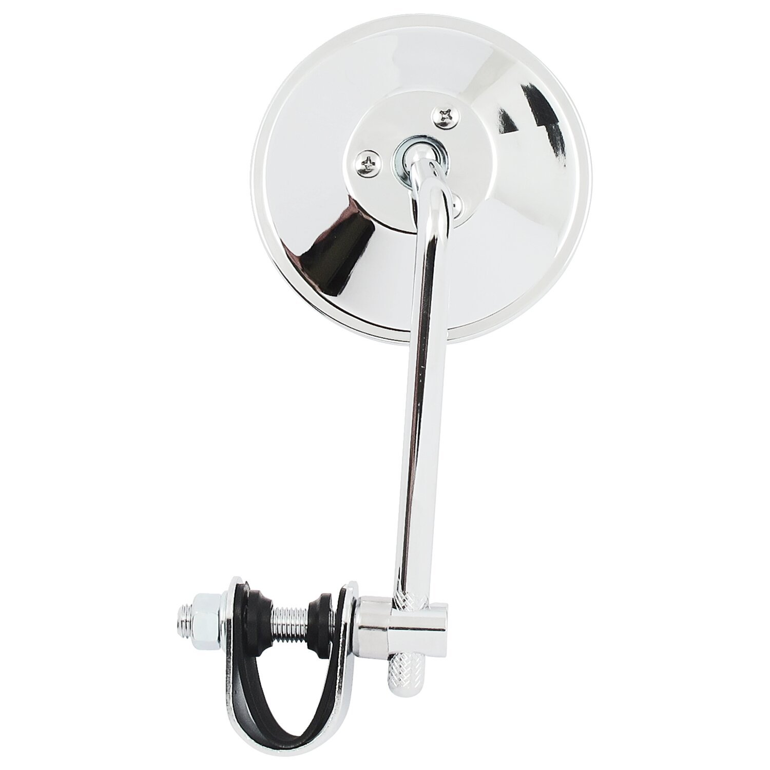 Round clamp-on style steel mirror, 4" with 5" stem, Unpainted, Chrome