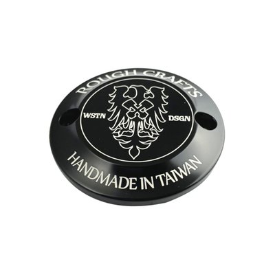 Black anodized, with contrast cut engraving. Rough Crafts is a well known Taiwanese builder and designer of exotic custom bikes. Parts are exclusively made small scale high quality in-house productions, as used on Rough Crafts bikes. This timer cover / ignition cover reflect another Taiwan that many of us never knew existed... the land of the individual and free!