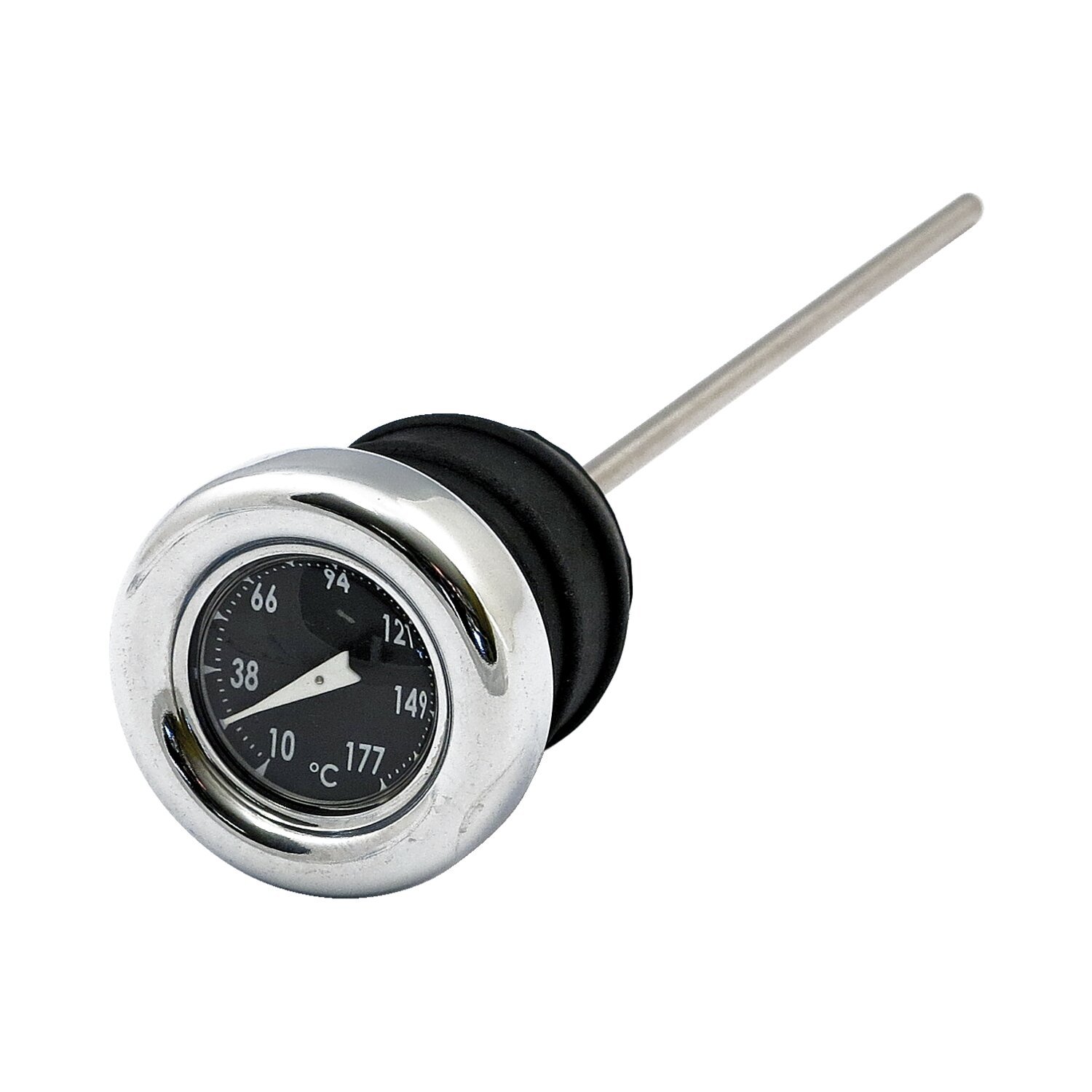 Oil tank dipstick with temperature gauge. Chrome black face
