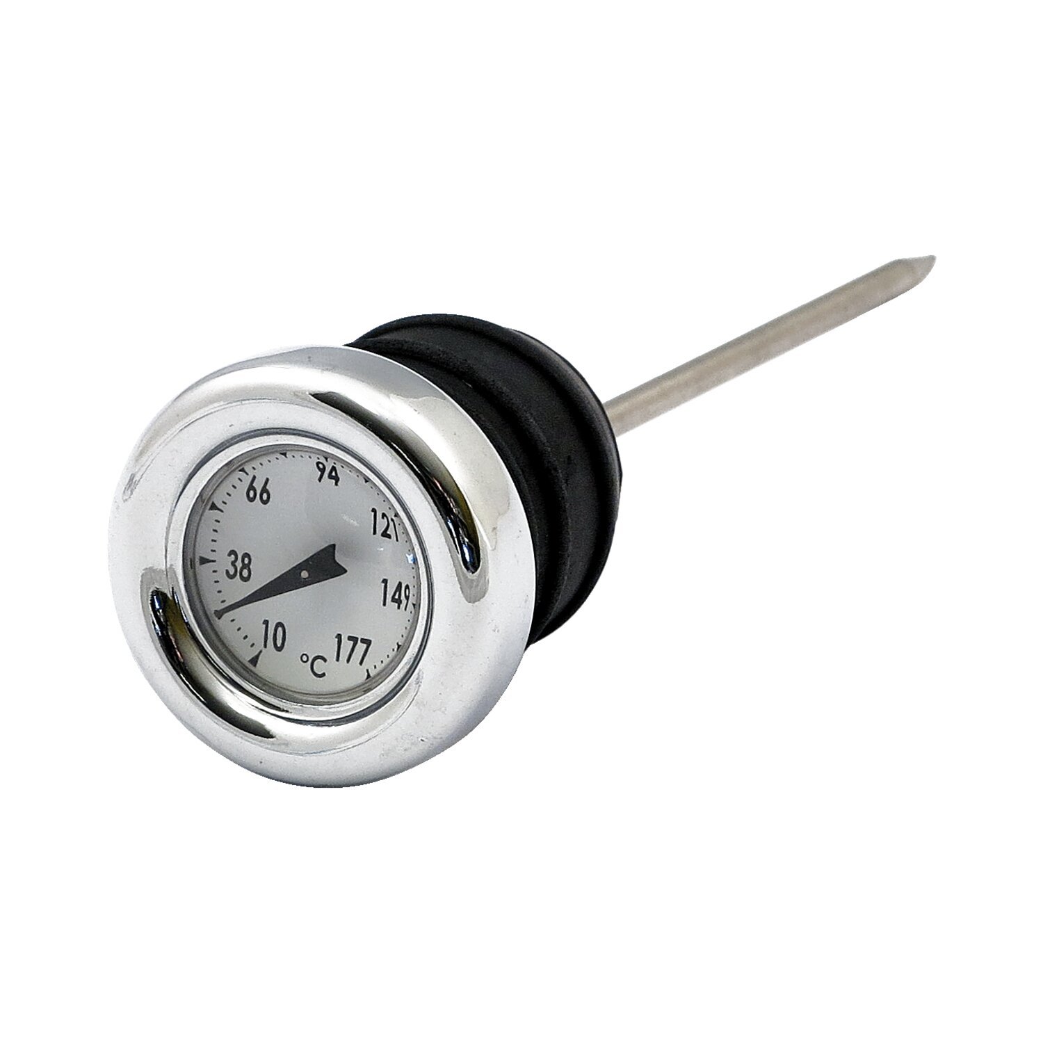 Oil tank dipstick with temperature gauge. Chrome white face