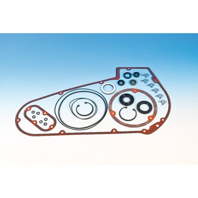 De Luxe kit. 9-hole.
Complete outer & inner primary gasket set including all necessary O-rings and seals.
With Foamet gaskets (aluminum based foam) with a silicone bead.