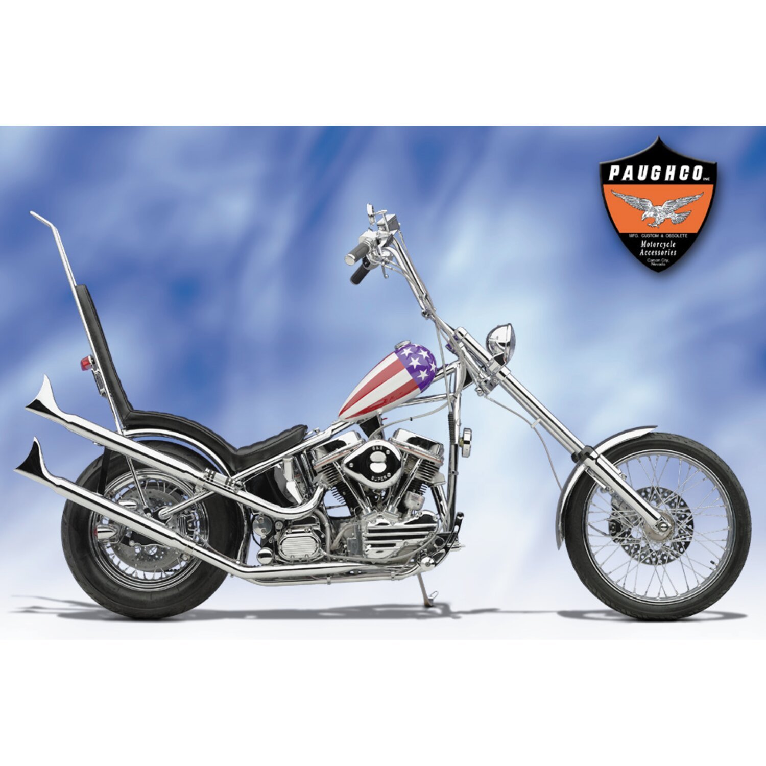 Paughco, Universal Fishtail muffler. 28" long. Left, Chrome