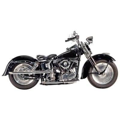 S-pipe. Chrome. 1 3/4" diameter, slash cut end. With high mounted rear pipe. Also good solution to use as head pipes on which mufflers can be mounted. S-pipe, swingframe, kick & e-start, will not fit large FL battery, slider channels. Heatshield rear 903404. Optional hanger bracket rear: 948457. 
Note: The S-pipe system is a 2-piece front header, like OEM, which is flattened to fit between generator and frame tube for improved ground clearance in right turns. 
Note: Heatshields must be ordered separately when required. When heatshields are not mentioned they are not available.