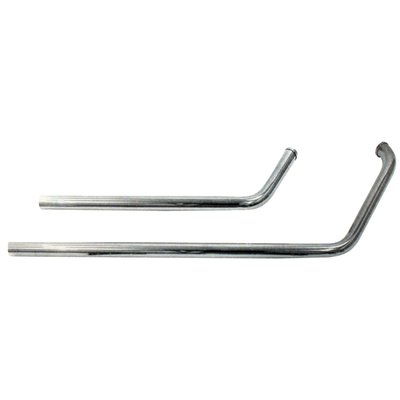 Standard 1 3/4" diameter, straight cut end. Without baffles. The front pipe is extended so both pipes end identical. A muffler tip, like fishtail tips or any other suitable for 1-3/4" pipes, can be used for a true custom look.  With slider channels. Incl. 902297 chrome hanger bracket. Heatshield front 902387, rear 903497. 
Note: Heatshields must be ordered separately when required.