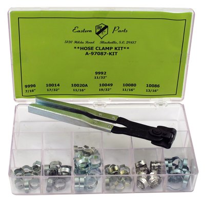 Stock replacement crimp style oil & fuel line clamps of the 'Clamp & Click' type. 
Kit includes crimping pliers and following clamps: 
- 10x 910053 11/32 (8.64mm) 
- 10x 910054 7/16 (11.18mm) 
- 10x 910014 17/32 (13.46mm)  
- 10x 910068 11/16 (17.53mm) 
- 10x 910059 19/32 (14.99mm) 
- 10x 910069 13/16 (20.57mm). 
Note: Mentioned diameters are Inside Diameters. 
Note: Special clamp tool / crimping pliers 910077 is included in this kit. 


