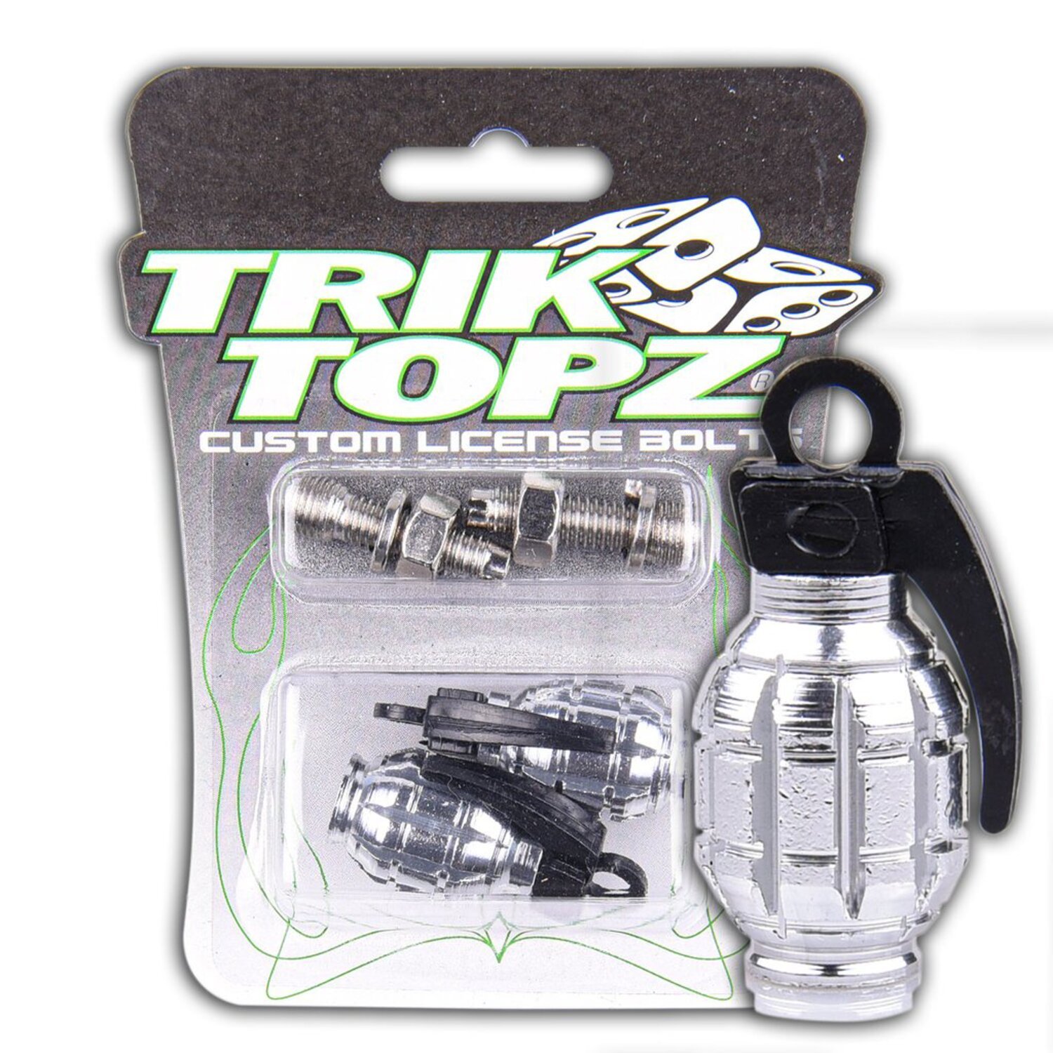 Trik Topz, Hand Grenade license plate mounts, Silver, Chrome