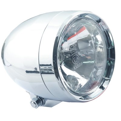 - Chrome 
- With HS1 12V 35/35W and position light 
- ECE approved lens 
- Housing dimensions: Overalll 125mm ø, housing depth 140mm, glass diameter 100mm