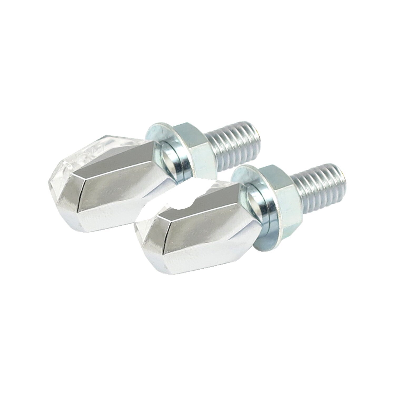 Tiny, LED turn signals. Chrome, clear lens, White