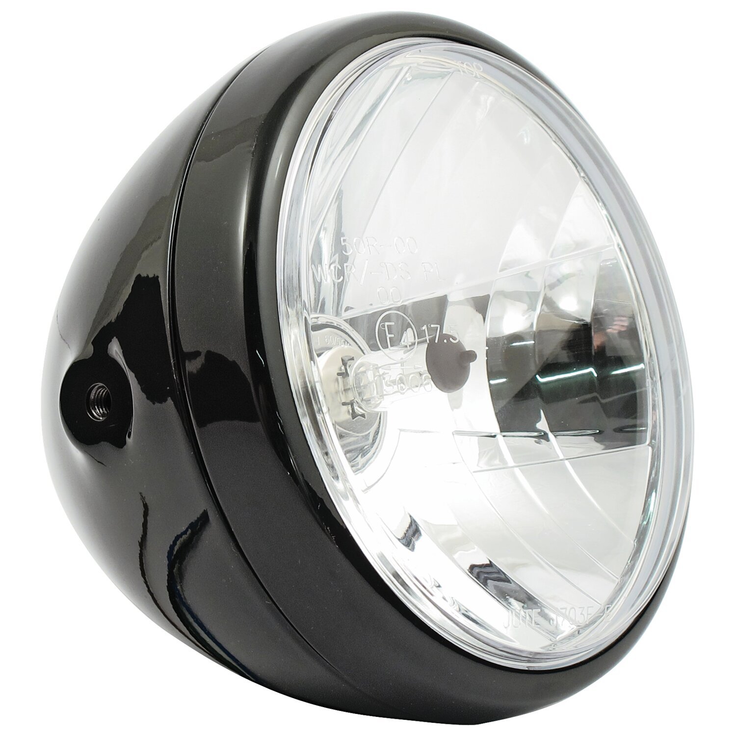 Reno 7" H4 headlamp. no halo ring, Black, Gloss