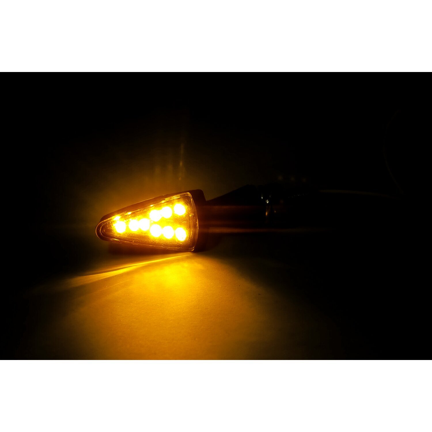 Black peak, LED turn signals. Black. Clear lens