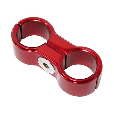 Aluminum. 
For use with 5/16" & 3/8" oil and fuel hoses. 
Eyelet inside diameter is 1.5cm. 