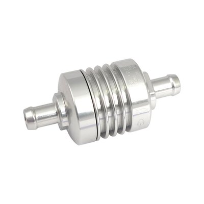The filter elements are designed for use in the aerospace industry and is made of pleated 304 stainless steel with a filtering capacity of 10 micron on a total of 4 square inches of effective filtration area. 
It will flow 6 gallons per minute with the least possible restriction. Washable and indefinite re-useable. Filter housing is aluminum with a durable anodized finish. 
Dimensions 1.375"ø x 1.750" (34.93mm x 44.5mm). 
Fittings not included