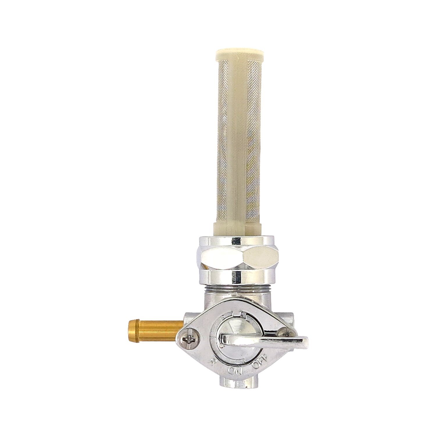 Petcock, late OEM style, left outlet, Chrome
