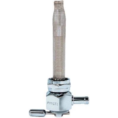 Chrome; 3/8 NPT threaded; 5/16 (8mm) fuel hose; right outlet. 
If you need a petcock that is made without compromises, you'll want a Pingel. Pingel petcocks are world famous for their gas guzzling capabilities and if you think you don't need a high flow petcock... think again. With a regular petcock, when traveling at high speed, even with a stock engine, it can happen that your bike uses more fuel than a regular petcock can deliver. The engine sucks the float bowl dry, literally starving the engine. With High Performance Big Inch motors the problem increases. Pingel petcocks can supply the amount of fuel your engine needs to perform.