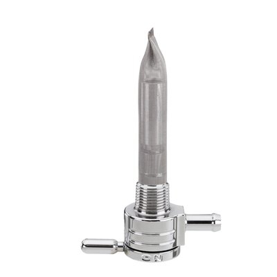 Downward outlet. 
Constructed from 360 brass with stainless steel ball bearings to eliminate rough, sticky or even frozen valve action. Between on, reserve and off. A special, easy to feel, detent will keep the fuel selector from accidental shifting from motor vibrations. Large 180 degree between on and reserve position for safety. 
O-ring seating will secure the fuel valve from leaking. Flowrate approx. 112 oz (3175 gram) per minute. Comes with a 5/16" fuel hose connection.