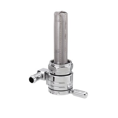 Forward outlet. 
Constructed from 360 brass with stainless steel ball bearings to eliminate rough, sticky or even frozen valve action. Between on, reserve and off. A special, easy to feel, detent will keep the fuel selector from accidental shifting from motor vibrations. Large 180 degree between on and reserve position for safety. 
O-ring seating will secure the fuel valve from leaking. Flowrate approx. 112 oz (3175 gram) per minute. Comes with a 5/16" fuel hose connection.G