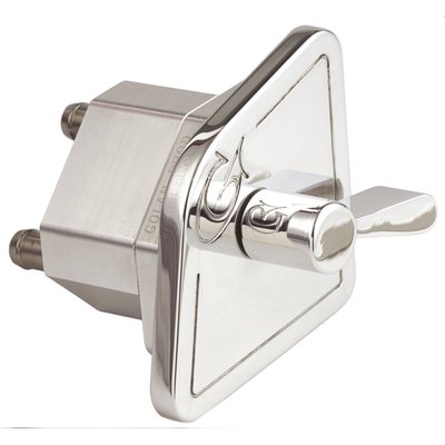 This device will keep the gas tank bottom clear from hoses or petcocks. Two fuel hose connections must be made to the gas tank that feed the engine, but that can be done in a hidden place.
One fuel line is for 'on', the other for 'reserve'. The gas tank selector has a universal mounting bracket attached. Polished and takes 5/16" fuel hose.
With two 1/4-20 threaded mount holes in back side.