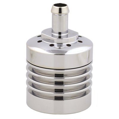 Chrome plated aluminum.
This is a breather and oil collector in one package.
Connects to the transmission 5/16" over-flow oil hose to help prevent these nasty looking oil spots under your bike.