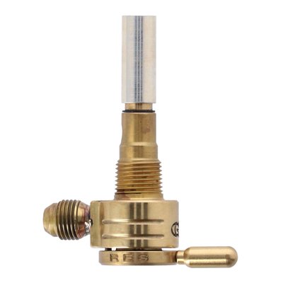 Straight outlet with 6-AN fuel fitting. 
Constructed from 360 brass with stainless steel ball bearings to eliminate rough, sticky or even frozen valve action. Between on, reserve and off. A special, easy to feel, detent will keep the fuel selector from accidental shifting from motor vibrations. Large 180 degree between on and reserve position for safety. 
O-ring seating will secure the fuel valve from leaking. Flowrate approx. 112 oz (3175 gram) per minute. Comes with a 5/16" fuel hose connection.