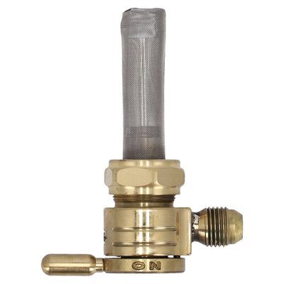 Straight outlet with 6-AN fuel fitting. 
Constructed from 360 brass with stainless steel ball bearings to eliminate rough, sticky or even frozen valve action. Between on, reserve and off. A special, easy to feel, detent will keep the fuel selector from accidental shifting from motor vibrations. Large 180 degree between on and reserve position for safety. 
O-ring seating will secure the fuel valve from leaking. Flowrate approx. 112 oz (3175 gram) per minute. Comes with a 5/16" fuel hose connection.