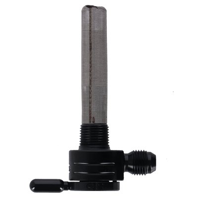 Straight outlet with 6-AN fuel fitting. 
Constructed from 360 brass with stainless steel ball bearings to eliminate rough, sticky or even frozen valve action. Between on, reserve and off. A special, easy to feel, detent will keep the fuel selector from accidental shifting from motor vibrations. Large 180 degree between on and reserve position for safety. 
O-ring seating will secure the fuel valve from leaking. Flowrate approx. 112 oz (3175 gram) per minute. Comes with a 5/16" fuel hose connection.