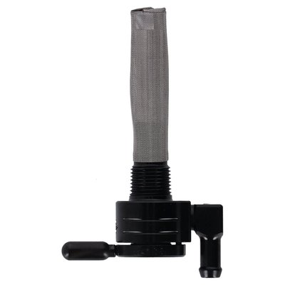 Downward outlet. 
Constructed from 360 brass with stainless steel ball bearings to eliminate rough, sticky or even frozen valve action. Between on, reserve and off. A special, easy to feel, detent will keep the fuel selector from accidental shifting from motor vibrations. Large 180 degree between on and reserve position for safety. 
O-ring seating will secure the fuel valve from leaking. Flowrate approx. 112 oz (3175 gram) per minute. Comes with a 5/16" fuel hose connection.